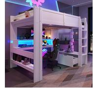 Lit mezzanine 140x200 cm gaming avec bureau LED tiroirs étagères blanc