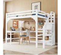 Lit Mezzanine 140x200 cm - Lit Combiné avec Bureau et Armoire ouverte, Lit Junior en Bois, Sans Matelas - Blanc