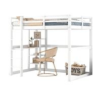 Lit Mezzanine 140x200 cm - Lit enfant avec Bureau, Compartiments de Rangement et Étagères, Lit Combiné en Bois Blanc, Sans Matelas