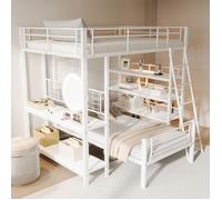 Lit Mezzanine 140x200 - Lit Double Multifonction Avec Rangements Et Étagères Intégrées - Métal+Mdf - Sans Matelas - Blanc
