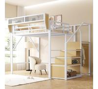 Lit Mezzanine 140x200cm avec escalier de sécurité et rangements modulables, en métal, lit superposé Enfant, Blanc (Matelas Non Inclus)