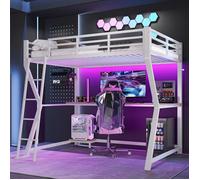 Lit mezzanine 140x200cm - avec lumières LED - plateau de console D'ordinateur - bureau - Prise murale+USB - sans matelas - Weiß
