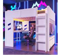 Lit mezzanine, 140x200cm Gaming, lit avec bureau, avec lumières LED, 1 ports USB, 1 Type-C équipé,échelle,tiroir,sans matelas,blanc