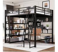 lit mezzanine 140x200cm lit adulte lit double avec étagères et supports,port de charge,Cadre métal,Noir O.Ye multicol LIT MEZZANINE