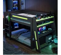 Lit Mezzanine 2 Place avec LED et USB, Lit Superposé gaming 140x200 avec bureau et 2 rangements, Noir et Vert(Sans Matelas)
