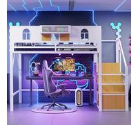 Lit Mezzanine 2 Places 140x200 avec échelle de Rangement et Fenêtre, Lit Enfant en Métal avec Espace Ouvert Sous et Filet, Lit Mezzanine Enfant avec Barrière de Sécurité, Cadre de Lit Hauteur en Fer