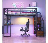 Lit Mezzanine 2 Places 140x200 avec échelle de Rangement et Penderie Simple, Lit Enfant en Métal avec Bureau et étagères, Lit Mezzanine Enfant avec Barrière de Sécurité, Cadre de Lit Hauteur en Fer