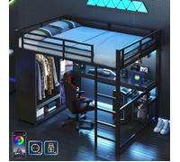 Lit Mezzanine 2 places 140x200 avec LED, App, Multiprise USB, Lit Gaming Gamer Métal avec Bureau, Penderie et Rangement, Noir