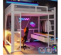 Lit Mezzanine 2 Places 140x200 avec LED Contrôle par App, 2 Prise et 2 USB, Lit Gamer avec Bureau, Penderie, Tiroirs, Métal, Blanc