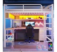 Lit Mezzanine 2 places 140x200 LED avec App, Prise et USB, Lit Gamer Métal Adulte avec Bureau, Compartiments Ouverte, Tiroirs, Blanc