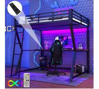 lit mezzanine 2 places,140x200,lit adulte avec éclairage LED,tablette pour console de jeux,bureau,prise électrique+USB,Noir