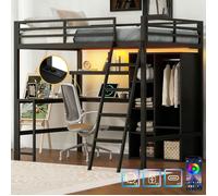 Lit Mezzanine 2 Places Adulte 140x200 LED avec App, Bureau, Prise et USB C/A, Étagère, Armoire - Lit Bureau Ado Combiné Métal, Noir