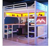 Lit Mezzanine 2 places en métal pour gamers(140x200cm), Lit Enfant avec bibliothèque,bureau,port USB et éclairage LED,Lit ado Blanc