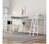 Lit mezzanine 2x90x200 cm Cadre de lit en fer avec bureau & 2 escaliers,lits superposés - étagères & Garde-corps de sécurité,blanc