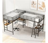 Lit mezzanine 2x90x200 cm Cadre de lit en fer avec bureau & 2 escaliers,lits superposés - étagères & Garde-corps de sécurité,noir
