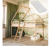 Lit mezzanine 80×180 cm enfant - Lit maison + matelas et sommier - Bois massif de pin - de 3 à 16 ans - Nature