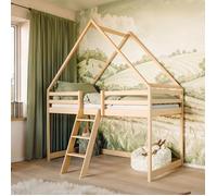 Lit mezzanine 80×180 cm enfant - Lit maison + protection anti chute et sommier - Bois massif de pin - de 3 à 16 ans - Nature