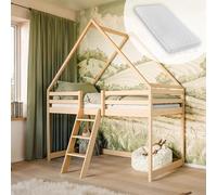 Lit Mezzanine 80x180 cm pour Enfants, lit en Forme de Maison, lit Mezzanine pour Enfants avec Matelas, barrière de sécurité, échelle et sommier à Lattes | 80x180 cm : de 3 à 16 Ans, Naturel