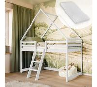 Lit Mezzanine 80x180 cm pour Enfants, lit en Forme de Maison, lit Mezzanine pour Enfants avec Matelas, barrière de sécurité, échelle et sommier à Lattes | 80x180 cm : de 3 à 16 Ans, Blanc