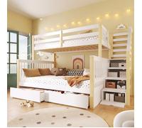 Lit mezzanine ,90/140x200cm lits Superposés avec Tiroirs de Rangement,sans Matelas,lit double en bois massif polyvalent,Blanc+Nature