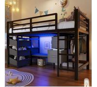 Lit mezzanine 90*200 cm, lit superposé mi-haut avec lumière LED, tiroirs de rangement et escalier - matériau métallique - noir