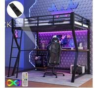 Lit mezzanine, 90*200cm , Avec lampes LED, tablette pour console d'ordinateur, bureau, prise électrique+USB, rampe,