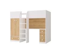 Lit mezzanine 90 x 190 cm avec armoire et bureau - Blanc et naturel - CINAMO