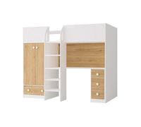 Lit mezzanine 90 x 190 cm avec armoire et bureau - Blanc et naturel - CINAMO