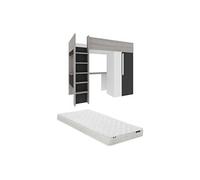 Lit mezzanine 90 x 200 cm avec armoire et bureau - Anthracite et blanc + matelas - NICOLAS II