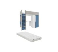 Lit mezzanine 90 x 200 cm avec armoire et bureau - Bleu et blanc + matelas - NICOLAS