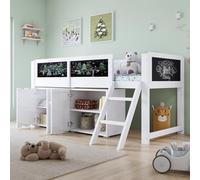 Lit mezzanine 90 x 200 cm, avec armoires de rangement à double porte et un tableau à peindre, patins inclinés à deux niveaux, rampe de sécurité, cadre de lit stable, pin + MDF + contreplaqué, blanc
