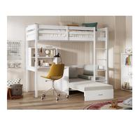 Lit mezzanine 90 x 200 cm avec bureau, sofa convertible et rangements - Pin et MDF - Blanc - GOLIATH III