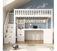 Lit mezzanine ,90 x 200 cm,avec escalier escamotable, bureau d'angle intégré, blanc