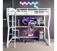 Lit mezzanine 90 x 200 cm, blanc, avec éclairage LED et USB, lit de jeu, en métal, avec bureau, escalier et balustrade, peu encombrant, pour joueurs, étudiants et étudiants dans la chambre
