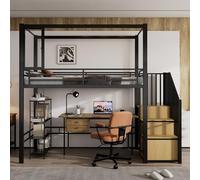 Lit mezzanine 90 x 200 cm, en fer, escalier avec vestiaire et compartiments de rangement, panneau acrylique fenêtre avec attraction magnétique, conception libre de l'étage inférieur, fer + MDF, noir +