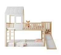 Lit Mezzanine 90 X 200 Cm, Lit Superposé, Lit Cabane Avec Escalier, Main Courante, Toboggan Et échelle Rectangulaire, Lit Enfant Avec Barrière De Sécurité Et Barrière, Pin Et MDF, Naturel Et Blanc
