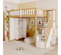 Lit mezzanine 90 x 200 cm pour adolescent avec étagères, armoire de rangement et penderie, lit superposé multifonction avec escalier et espace de rangement, en bois massif avec protection contre les