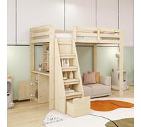 Lit mezzanine 90 x 200 cm, table de travail avec étagères et armoires, échelle d'escalade de sécurité, avec espace de rangement, tiroirs de rangement, lit simple, lits pour adolescents, lits d'enfants