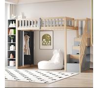 Lit mezzanine 90 x 200 pour adolescent avec étagères, armoire de rangement et penderie, lit superposé multifonction avec escalier et espace de rangement, bois massif avec protection contre les chutes