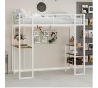 Lit Mezzanine 90x190 cm - Lit Simple avec Bureau et Échelle Montable Gauche Droite, Garde-Corps, Métal, sans Matelas, Blanc