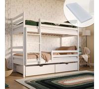 Lit mezzanine 90x200 avec 2 matelas et 2 tiroirs Lit superposé avec protection contre les chutes et sommier à lattes, transformable en deux lits d'enfant, en bois massif blanc, lit fonctionnel