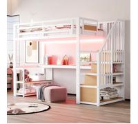 Lit Mezzanine 90x200 avec Bureau et Étagères - Échelle de Rangement, LED RGB, Prise EU, Garde-Corps Sécurisé, Métal, Blanc