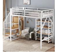 Lit Mezzanine 90x200 avec Étagère Mobile et Penderie, 1 Place en Métal avec Escalier Rangement pour Ado Adulte, Bois Naturel, Blanc