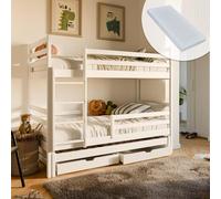Lit mezzanine 90x200 avec lit gigogne et trois matelas Lit superposé avec deux tiroirs, sommier à lattes, protection contre les chutes, transformable en trois lits simples, en bois massif blanc