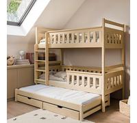 Lit mezzanine 90x200 avec lit gigogne Lit superposé avec fonction gigogne, deux tiroirs, sommier à lattes, barrière de sécurité, transformable en TROIS lits simples, bois massif naturel