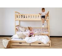 Lit mezzanine 90x200 avec lit gigogne Lit superposé Lit enfant avec fonction gigogne, deux tiroirs, sommier à lattes, barrière de sécurité, transformable en TROIS lits simples, bois massif naturel