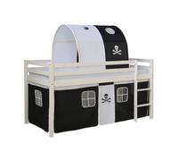 Homestyle4u Lit mezzanine enfant motif pirate 90x200 blanc/noir avec échelle, tunnel, sommier lattes