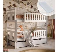 Lit Mezzanine 90x200 cm avec 2 tiroirs et Matelas Lit superposé avec Protection Contre Les Chutes et sommier à Lattes, Transformable en Deux Lits d'enfant, en Bois Massif Blanc, lit Fonctionnel