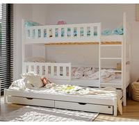 Lit mezzanine 90x200 cm avec lit gigogne Lit superposé avec fonction gigogne, deux tiroirs, sommier à lattes, barrière de sécurité, convertible en TROIS lits simples, en blanc Lit enfant 200x90
