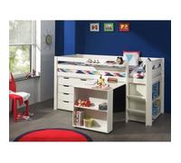 Lit mezzanine 90x200 cm + bureau + bibliothèque + commode - PINO - Blanc - Avec tiroirs - Bois massif